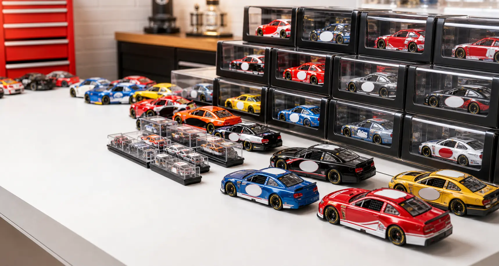 Diecast race car collection arranged on a collector table