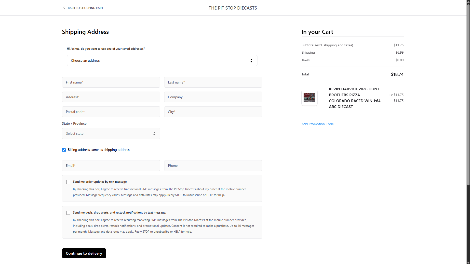 The Pit Stop Diecasts checkout shipping address form showing an optional phone field, separate unchecked checkboxes for transactional and marketing text messages, complete SMS disclosures, and a Continue to delivery button.